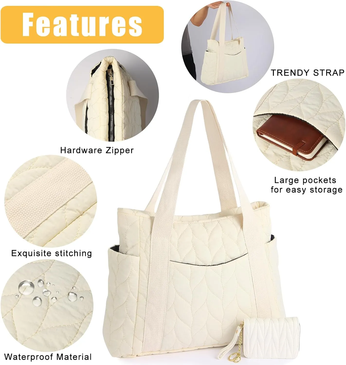 Medium Quilted Work Tote Bag for Women, Lightweight 21L Puffer Travel Handbags Purse with Zipper for Gym/Travel