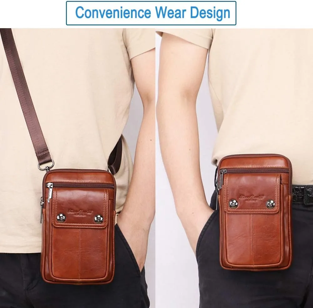 Men Waist Belt Bag Belt Pouch Small Shoulder Sport Fashion Leather Crossbody Daypack Style1-Brown