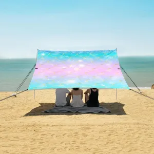 Mermaid Scales Beach Canopy Tent Anti-UV & Wind Resistant, Camping Sun Shelter Easy Setup Portable,Outdoor Shade Tents with Sandbags,Sand Shovels,Ground Pegs & Stability Poles