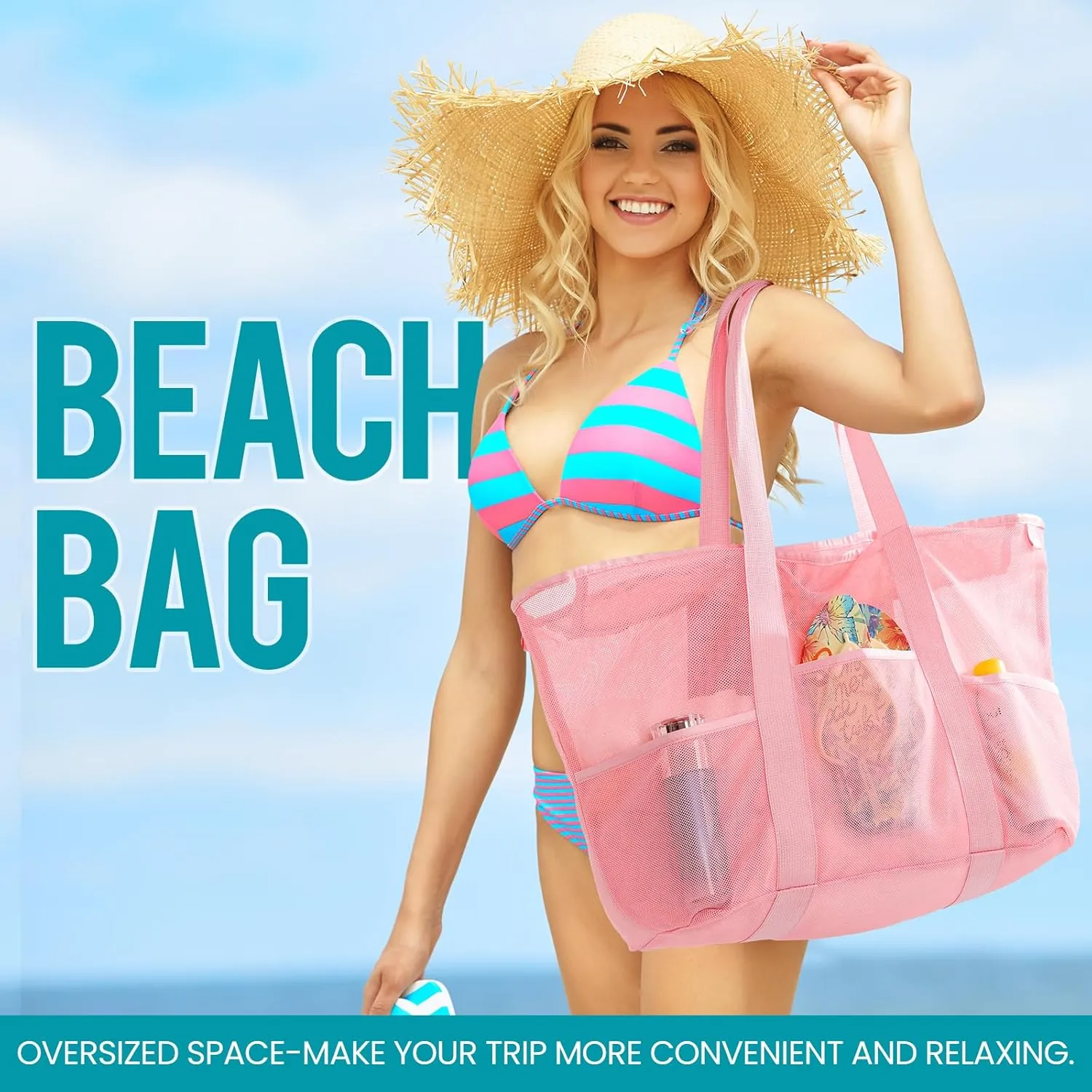 Mesh Beach Bag, Large Bag with Zipper Beach Bags for Women Waterproof Sandproof with 5 Pockets Green