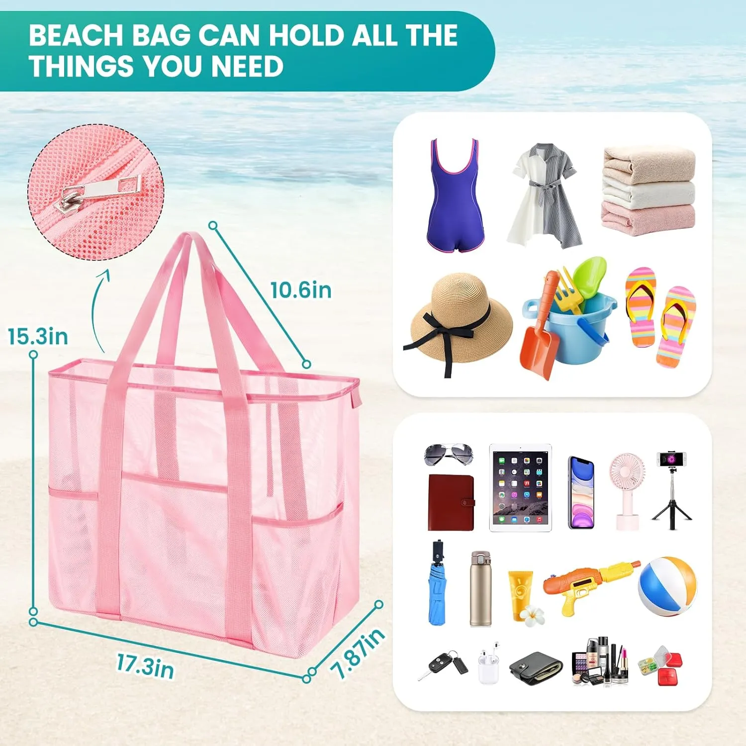 Mesh Beach Bag, Large Bag with Zipper Beach Bags for Women Waterproof Sandproof with 5 Pockets Green