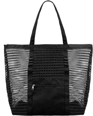 Mesh Beach Bags for Women with Zipper Foldable Hobo Tote Bag Vacation Shoulder Bags for Swimming Pools