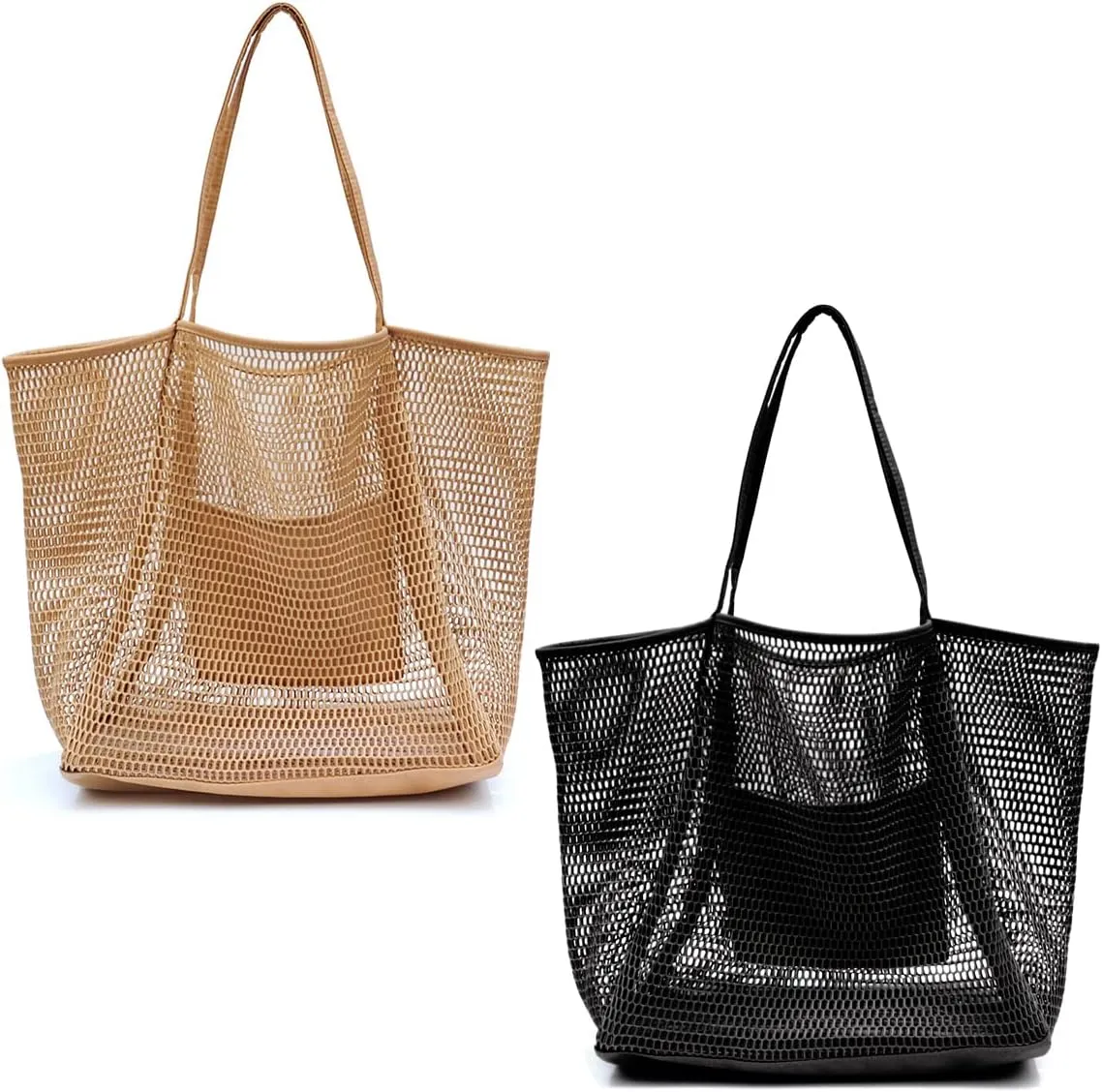 Mesh Beach Tote Womens Shoulder Handbag (Tan, Black)