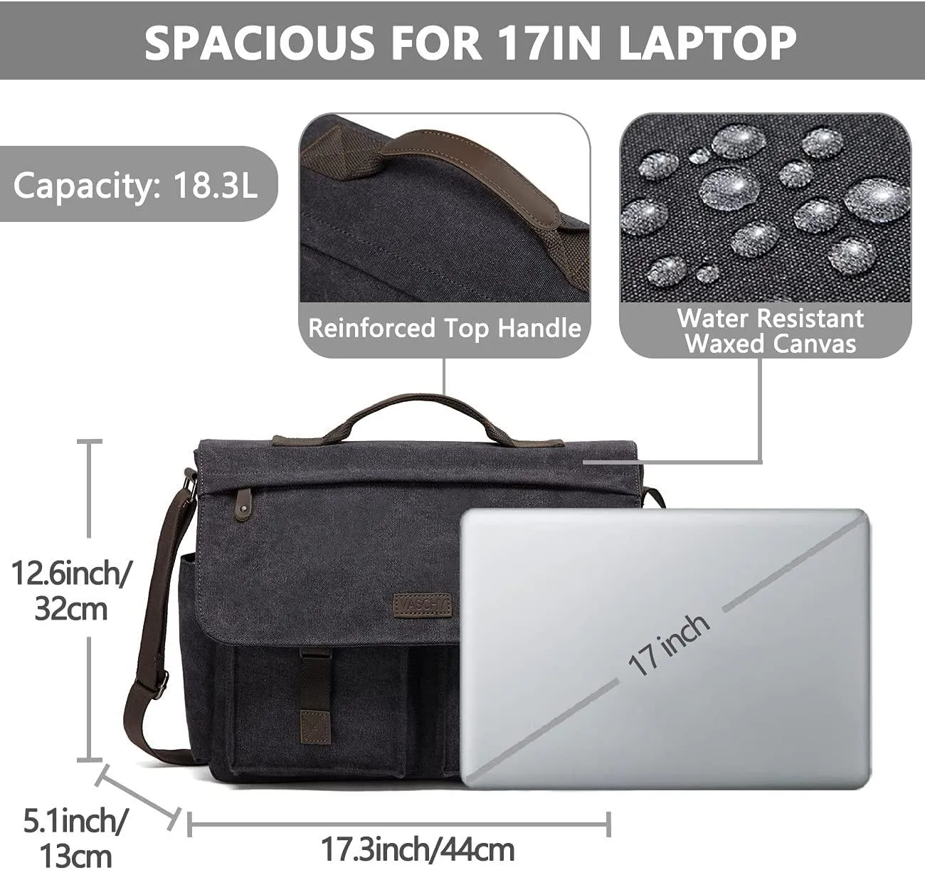 Messenger Bag for Men, VASCHY Vintage Water Resistant Waxed Canvas Satchel 15.6-17 inch Laptop Briefcase Shoulder Bag with Padded Shoulder Strap