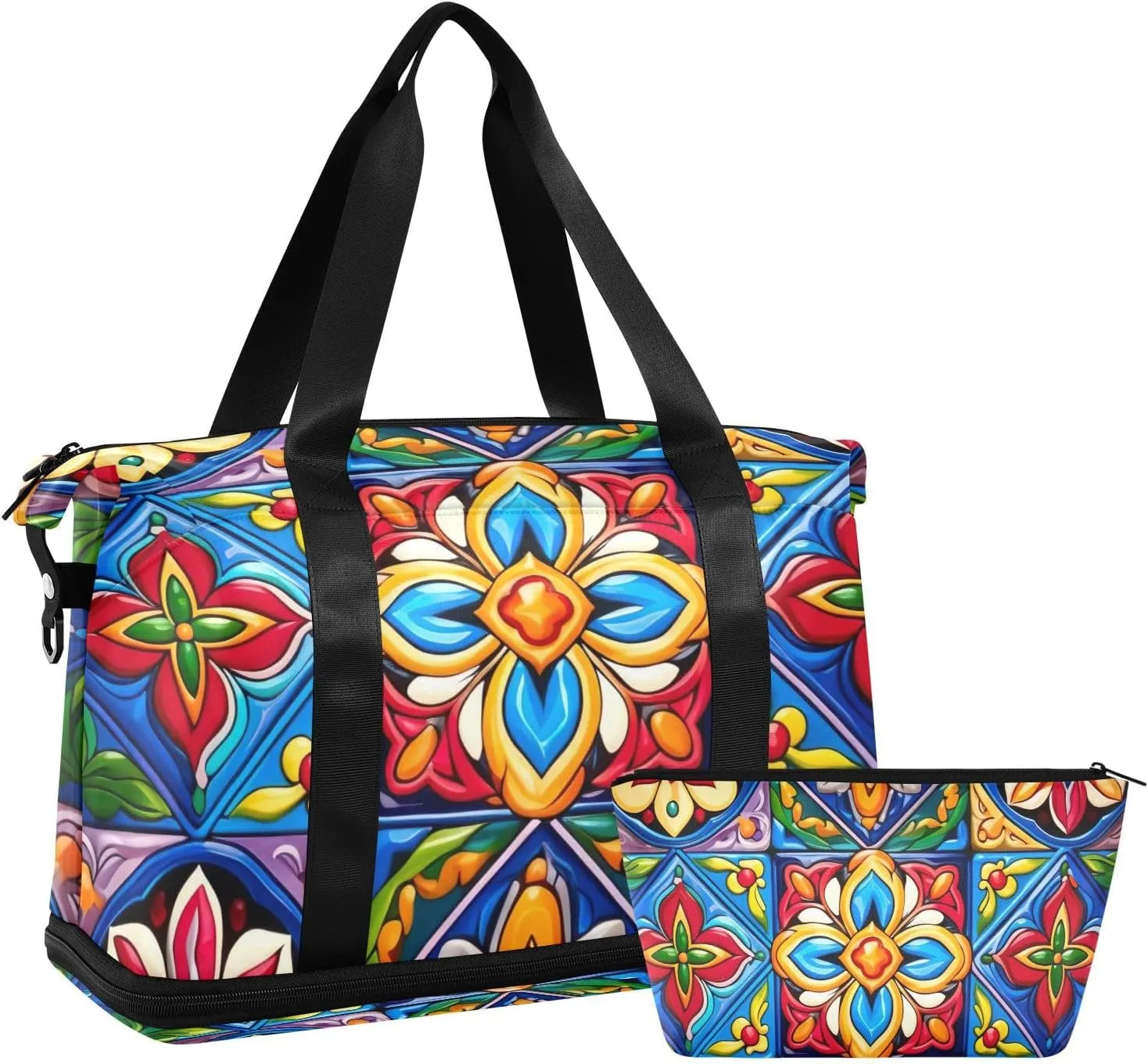 Mexican Ceramic Tile Gym Bag for Women Sport Travel Duffel Bag Shoulder Weekender Overnight Bags with Wet Pocket & Shoe Compartment