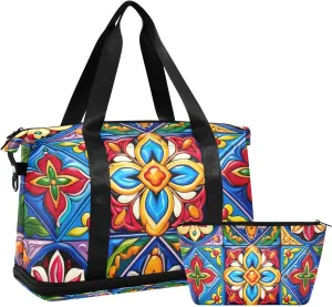 Mexican Ceramic Tile Gym Bag for Women Sport Travel Duffel Bag Shoulder Weekender Overnight Bags with Wet Pocket & Shoe Compartment