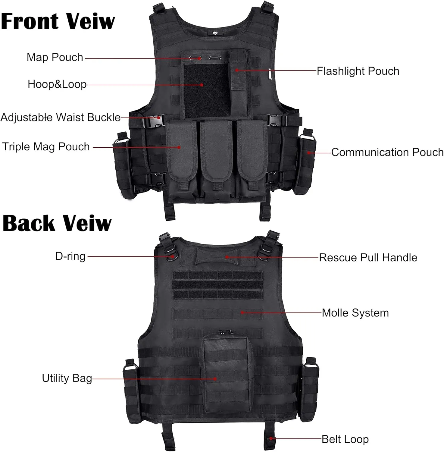 MGFLASHFORCE Tactical Airsoft Vest Adjustable Modular Paintball Vest