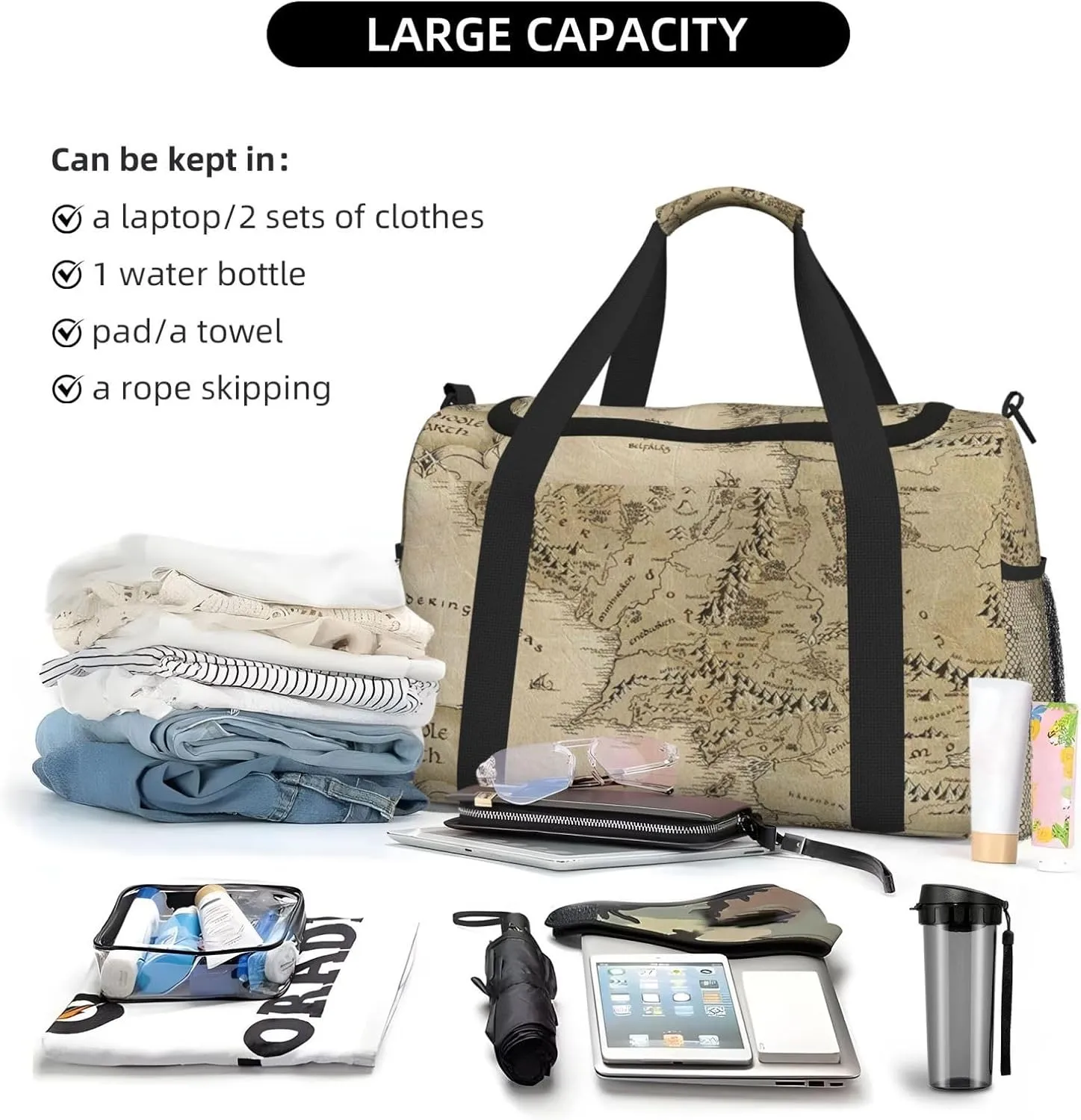 Middle Earth Map Travel Duffel Bag Large Foldable Waterproof Overnight Bag For Beach Swim Bags Pool Sports Gym