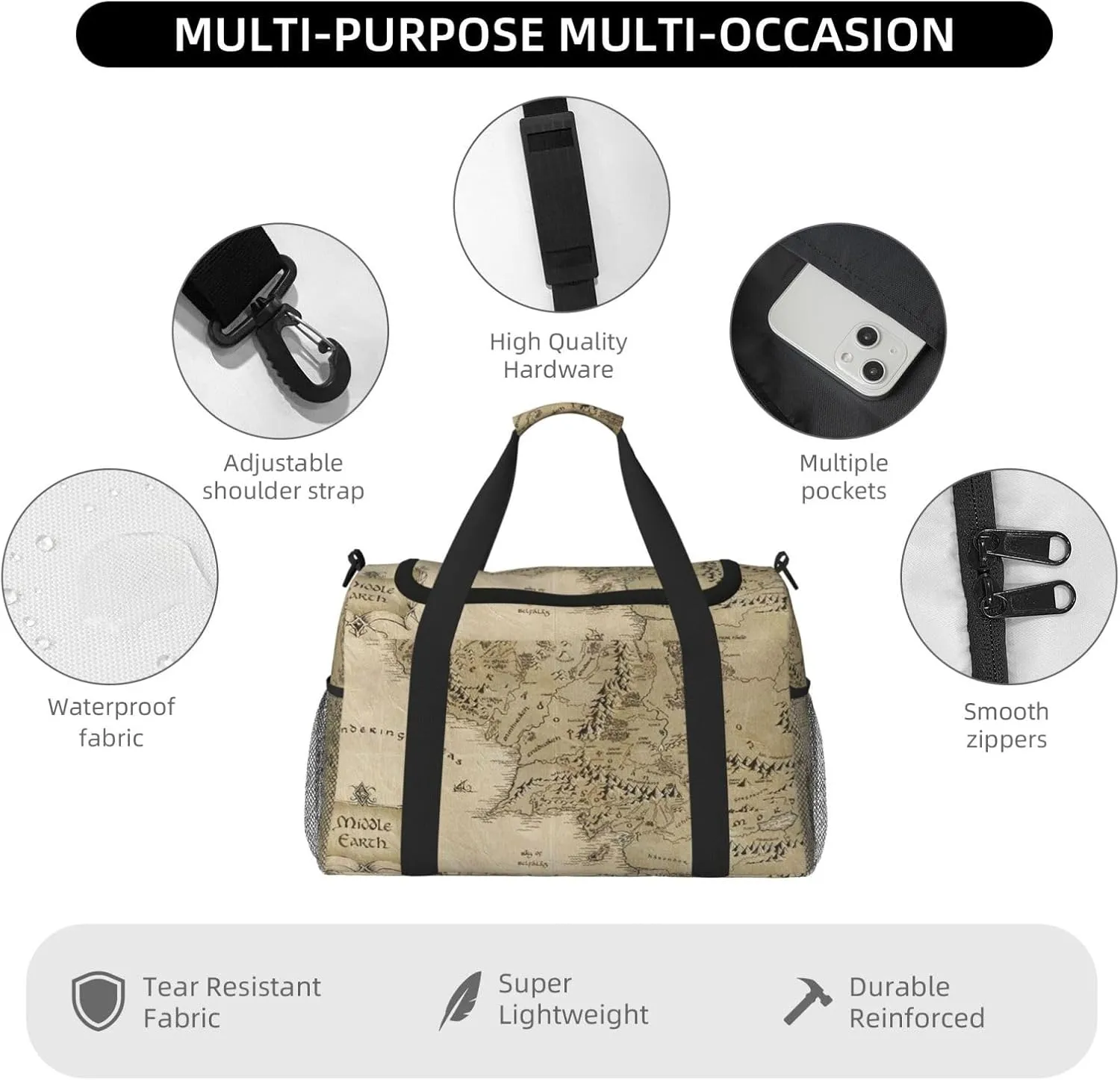 Middle Earth Map Travel Duffel Bag Large Foldable Waterproof Overnight Bag For Beach Swim Bags Pool Sports Gym