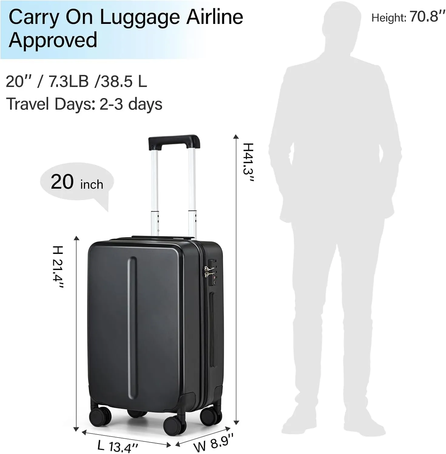 MILADA 20 Inch Carry On Luggage Airline Approved 22x14x9 Luggage Carry On Suitcase Hard Shell Suitcases with Wheels Carry on Bag Travel Luggage with TSA Lock,Black