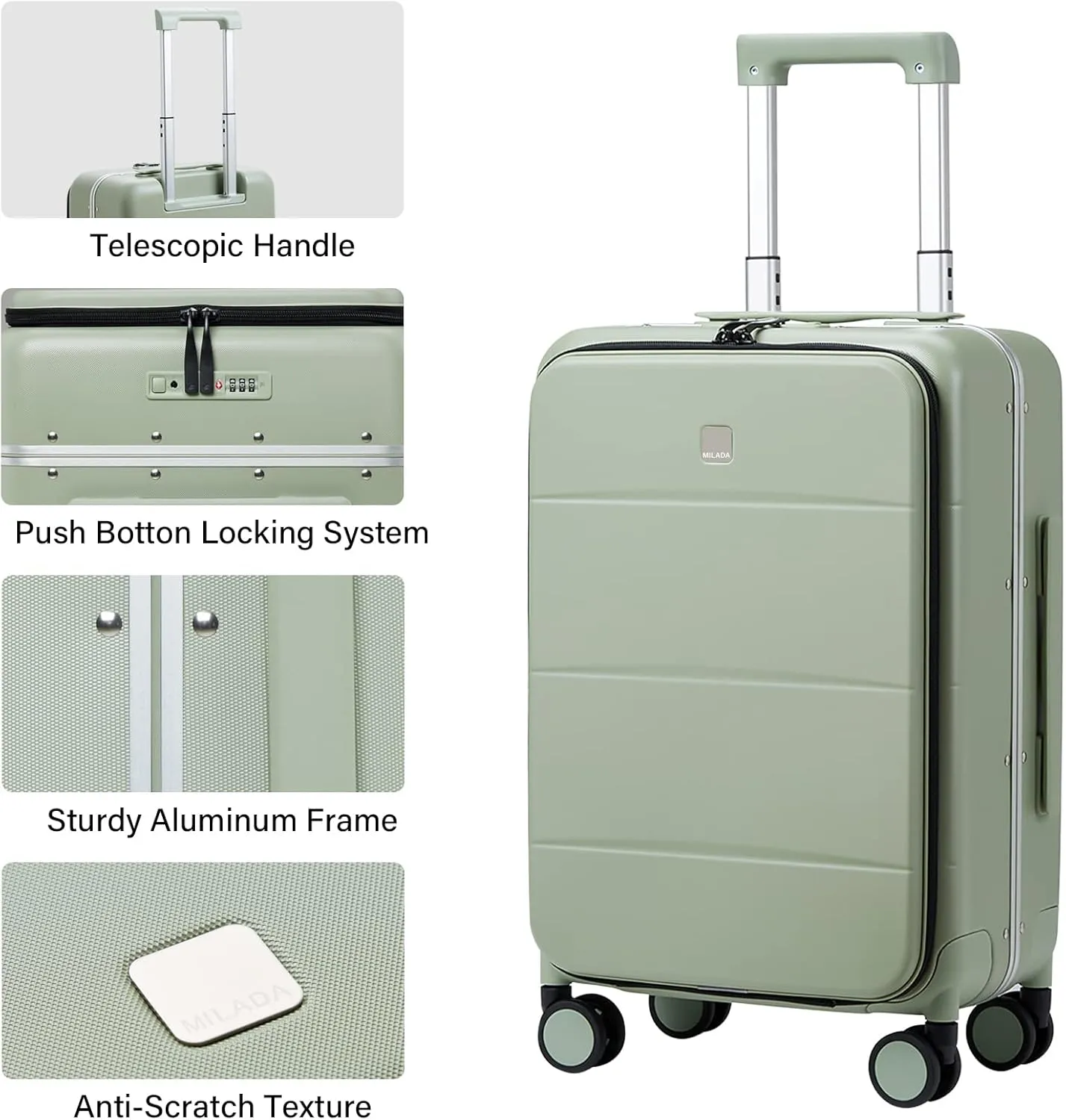 MILADA Carry On Luggage 22x14x9 Airline Approved Spinner Wheels TSA Luggage 20 Inch Hard Shell Suitcases Front Opening Pocket Rolling Aluminum Frame Travel Luggage, Bamboo Green