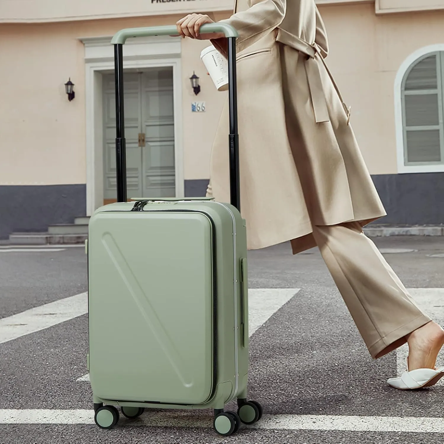MILADA Checked Luggage Hard Shell Suitcases with Spinner Wheels 24 Inch Medium Size Front Opening Pocket Wide Handle Suitcases TSA Approved Luggage Rolling Luggage, Green