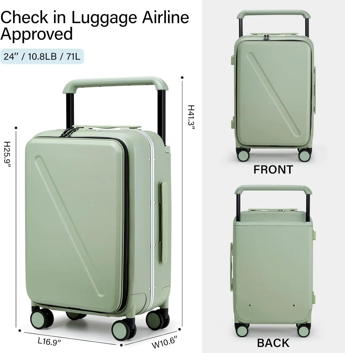 MILADA Checked Luggage Hard Shell Suitcases with Spinner Wheels 24 Inch Medium Size Front Opening Pocket Wide Handle Suitcases TSA Approved Luggage Rolling Luggage, Green