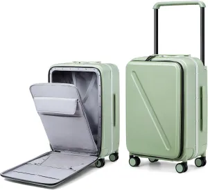 MILADA Checked Luggage Hard Shell Suitcases with Spinner Wheels 24 Inch Medium Size Front Opening Pocket Wide Handle Suitcases TSA Approved Luggage Rolling Luggage, Green