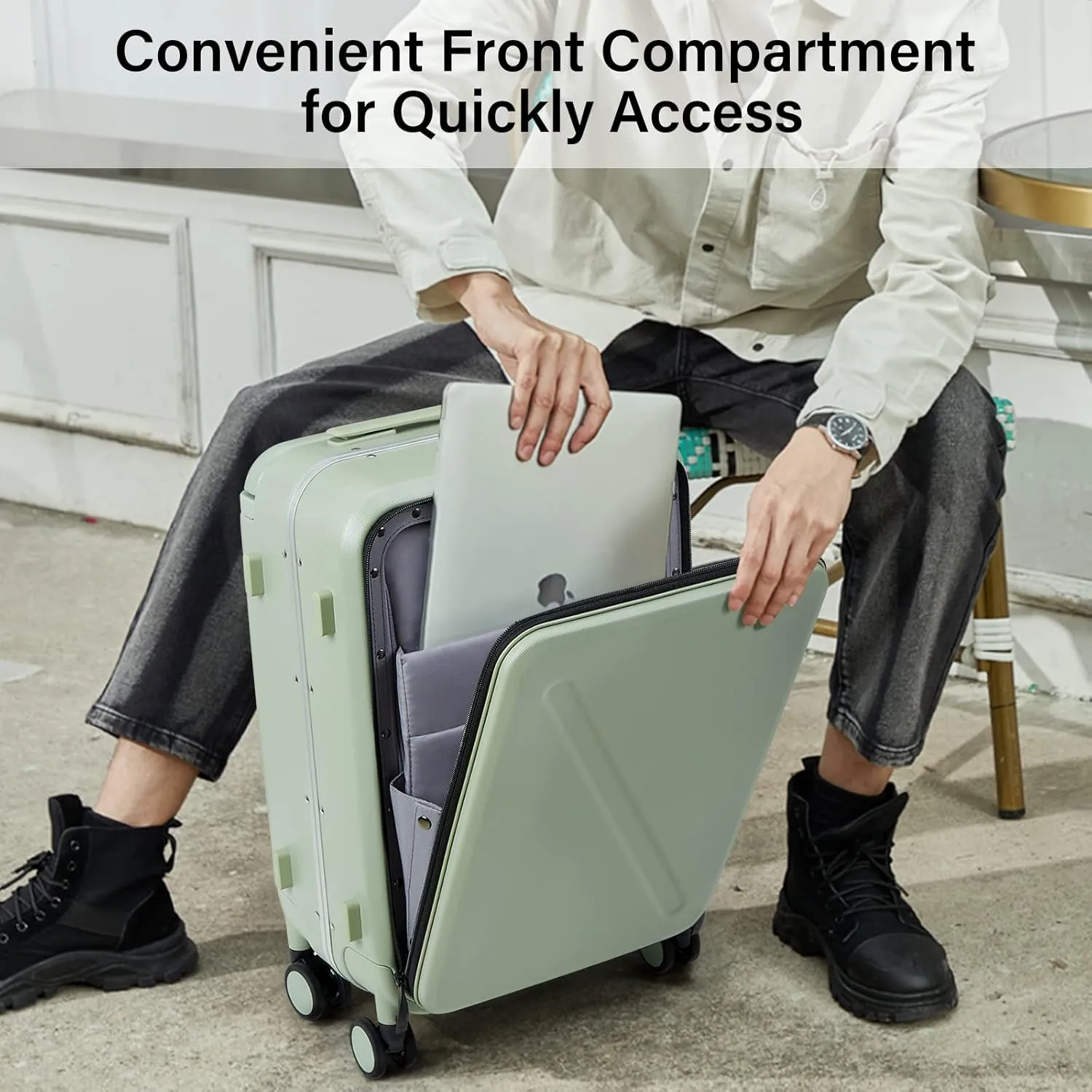 MILADA Checked Luggage Hard Shell Suitcases with Spinner Wheels 24 Inch Medium Size Front Opening Pocket Wide Handle Suitcases TSA Approved Luggage Rolling Luggage, Green