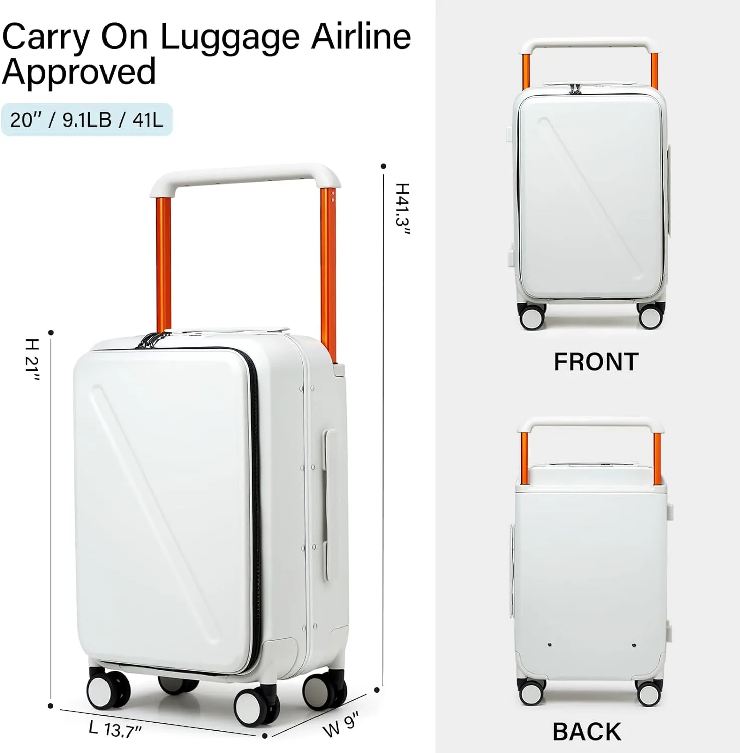 MILADA Luggage Hard Shell Suitcases Airline Approved Carry On Luggage 22x14x9 TSA Approved Luggage 20 Inch Front Opening Pocket Suitcase with Wheels Travel Luggage Wide Handle, White