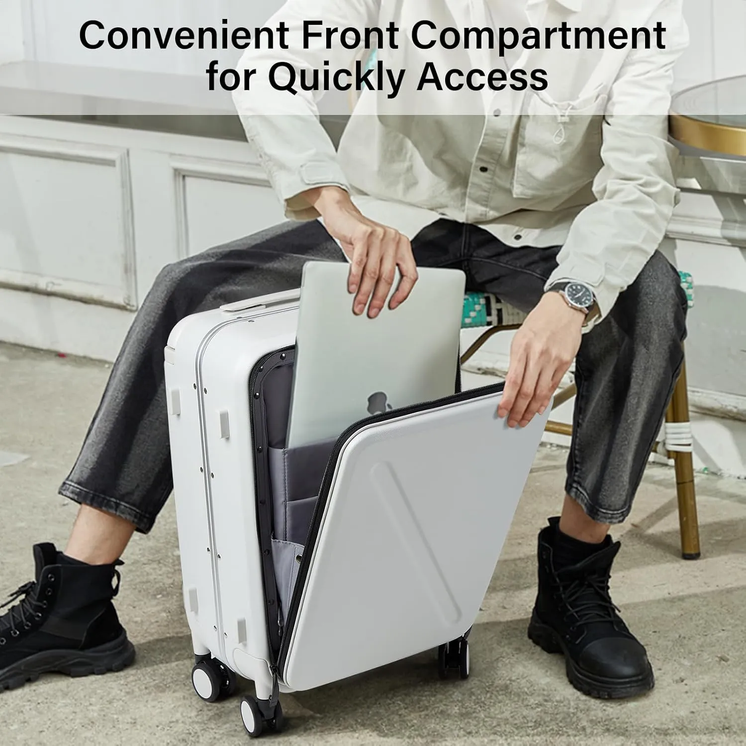 MILADA Luggage Hard Shell Suitcases Airline Approved Carry On Luggage 22x14x9 TSA Approved Luggage 20 Inch Front Opening Pocket Suitcase with Wheels Travel Luggage Wide Handle, White