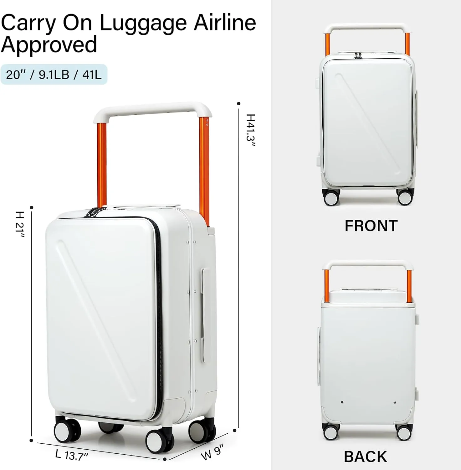 MILADA Luggage Hard Shell Suitcases Airline Approved Carry On Luggage 22x14x9 TSA Approved Luggage 20 Inch Front Opening Pocket Suitcase with Wheels Travel Luggage Wide Handle, White