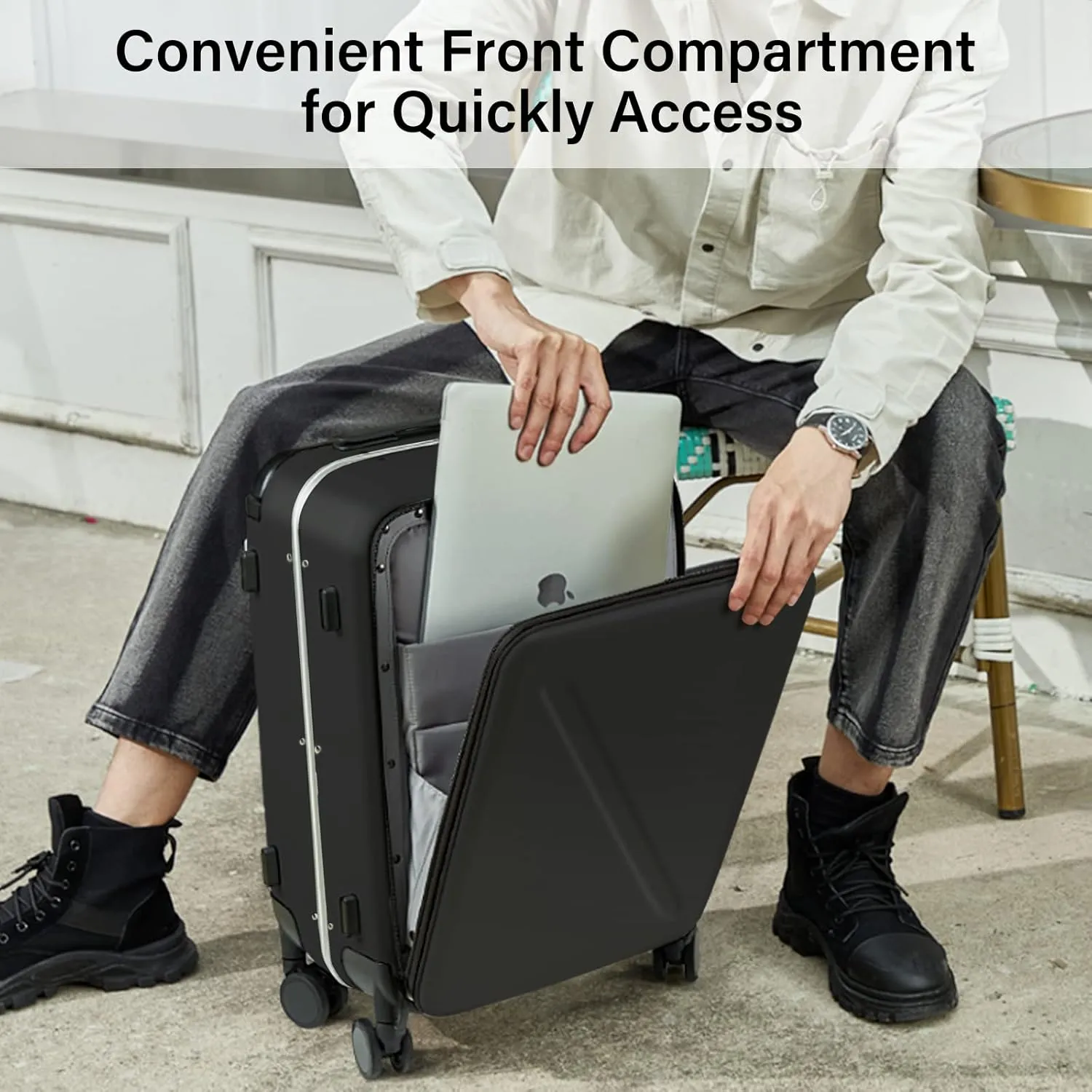 MILADA Luggage Hard Shell Suitcases Airline Approved Carry On Luggage 22x14x9 TSA Approved Luggage 20 Inch Front Opening Pocket Wide Handle Suitcase with Wheels Travel Luggage, Black