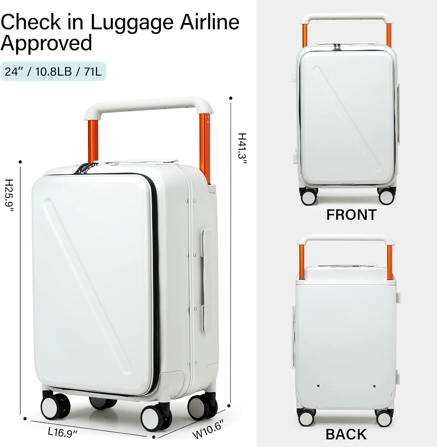 MILADA Luggage Hard Shell Suitcases Checked Luggage with Spinner Wheels 24 Inch Medium Size Front Opening Pocket Suitcases TSA Approved Luggage Travel Luggage with Wide Handle, White
