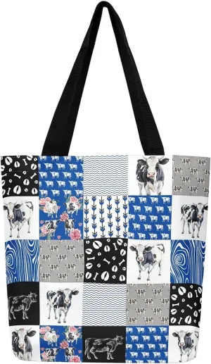 Milk Cow Canvas Tote Bag Farm Animals Shoulder Bag for Women,Western Cowboy Bull Cattle Shoulder Bag