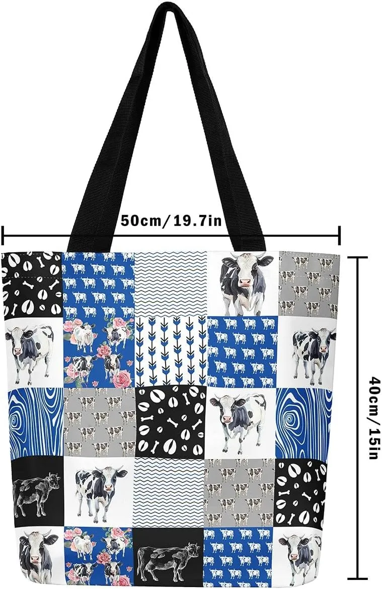 Milk Cow Canvas Tote Bag Farm Animals Shoulder Bag for Women,Western Cowboy Bull Cattle Shoulder Bag