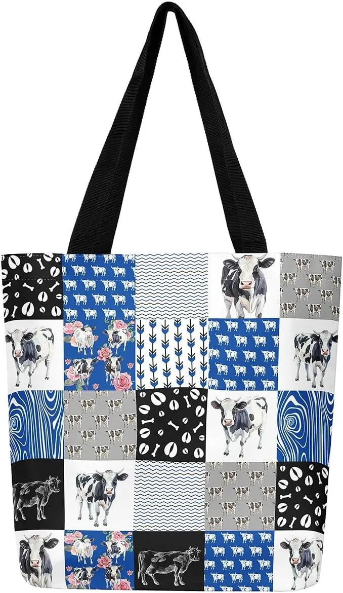 Milk Cow Canvas Tote Bag Farm Animals Shoulder Bag for Women,Western Cowboy Bull Cattle Shoulder Bag