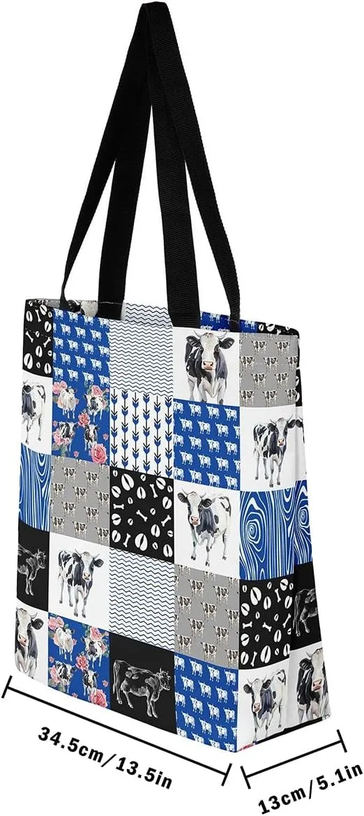 Milk Cow Canvas Tote Bag Farm Animals Shoulder Bag for Women,Western Cowboy Bull Cattle Shoulder Bag
