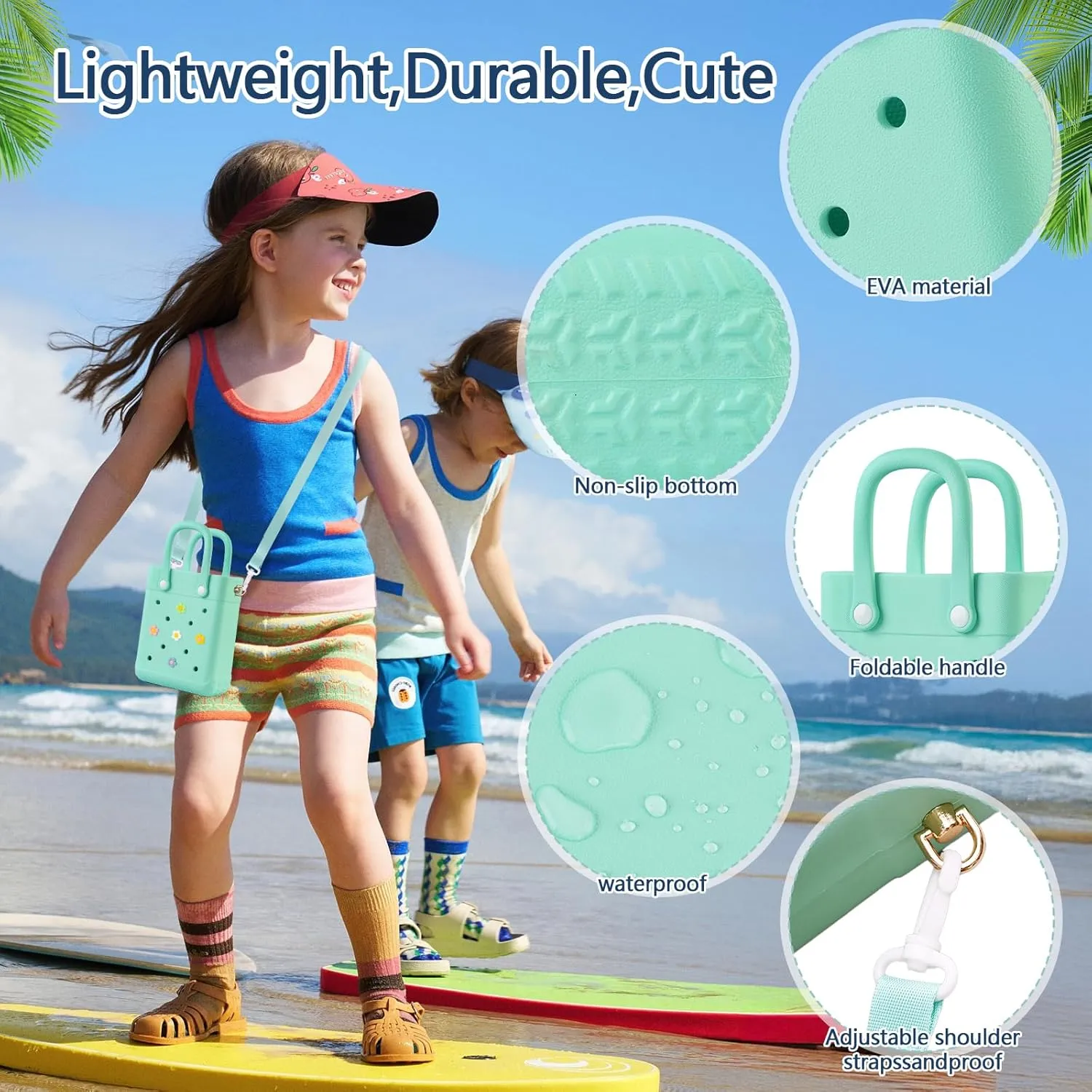 Mini Crossbody Rubber Tote Bag with 7 Charms X-Small Rubber Beach Bag for Little Girls and Woman
