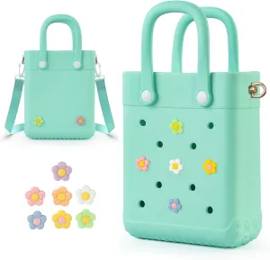 Mini Crossbody Rubber Tote Bag with 7 Charms X-Small Rubber Beach Bag for Little Girls and Woman