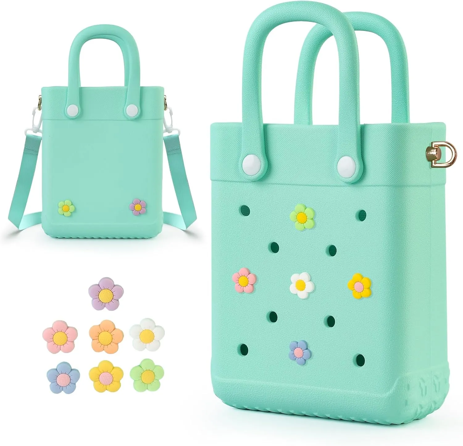 Mini Crossbody Rubber Tote Bag with 7 Charms X-Small Rubber Beach Bag for Little Girls and Woman