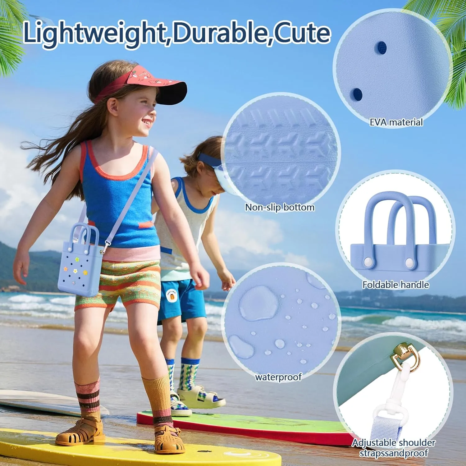 Mini Crossbody Rubber Tote Bag with 7 Charms X-Small Rubber Beach Bag for Little Girls and Woman