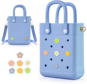 Mini Crossbody Rubber Tote Bag with 7 Charms X-Small Rubber Beach Bag for Little Girls and Woman