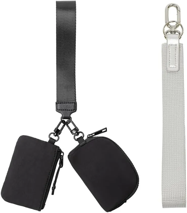 Mini Zip Around Dual Pouch Wristlet Portable Wristlet Wallet Detachable Coin Purse Pouch for Women - 2 detachable Keychain (Black)