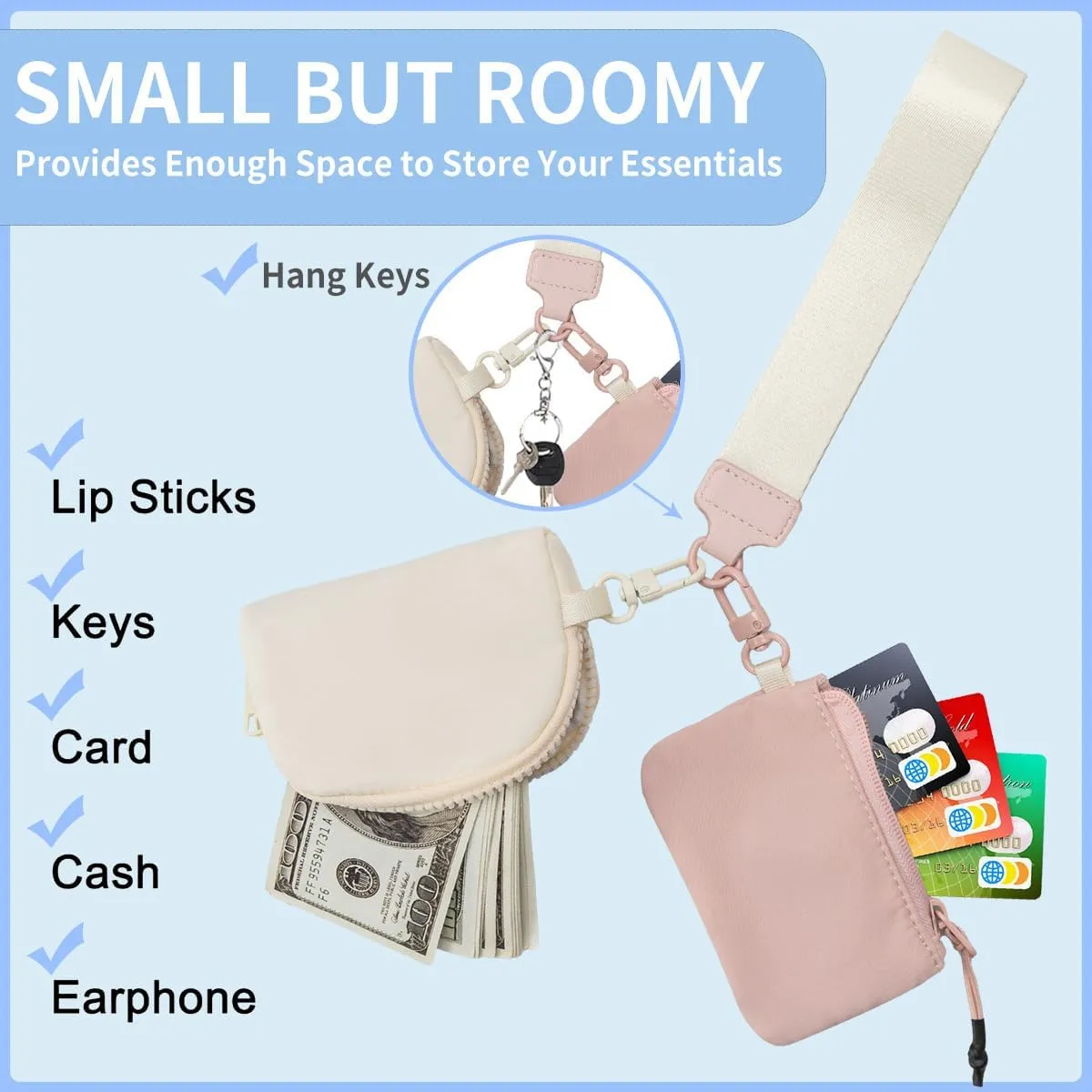 Mini Zip Around Dual Pouch Wristlet Portable Wristlet Wallet Detachable Coin Purse Pouch for Women - 2 detachable Keychain (Black)