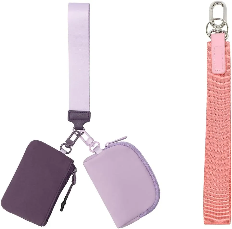 Mini Zip Around Dual Pouch Wristlet Portable Wristlet Wallet Detachable Coin Purse Pouch for Women - 2 detachable Keychain (Purple Lavender)