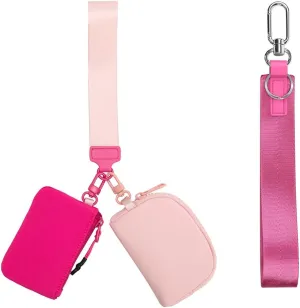 Mini Zip Around Dual Pouch Wristlet Portable Wristlet Wallet Detachable Coin Purse Pouch for Women - 2 detachable Keychain (Rose Red Coral Powder)