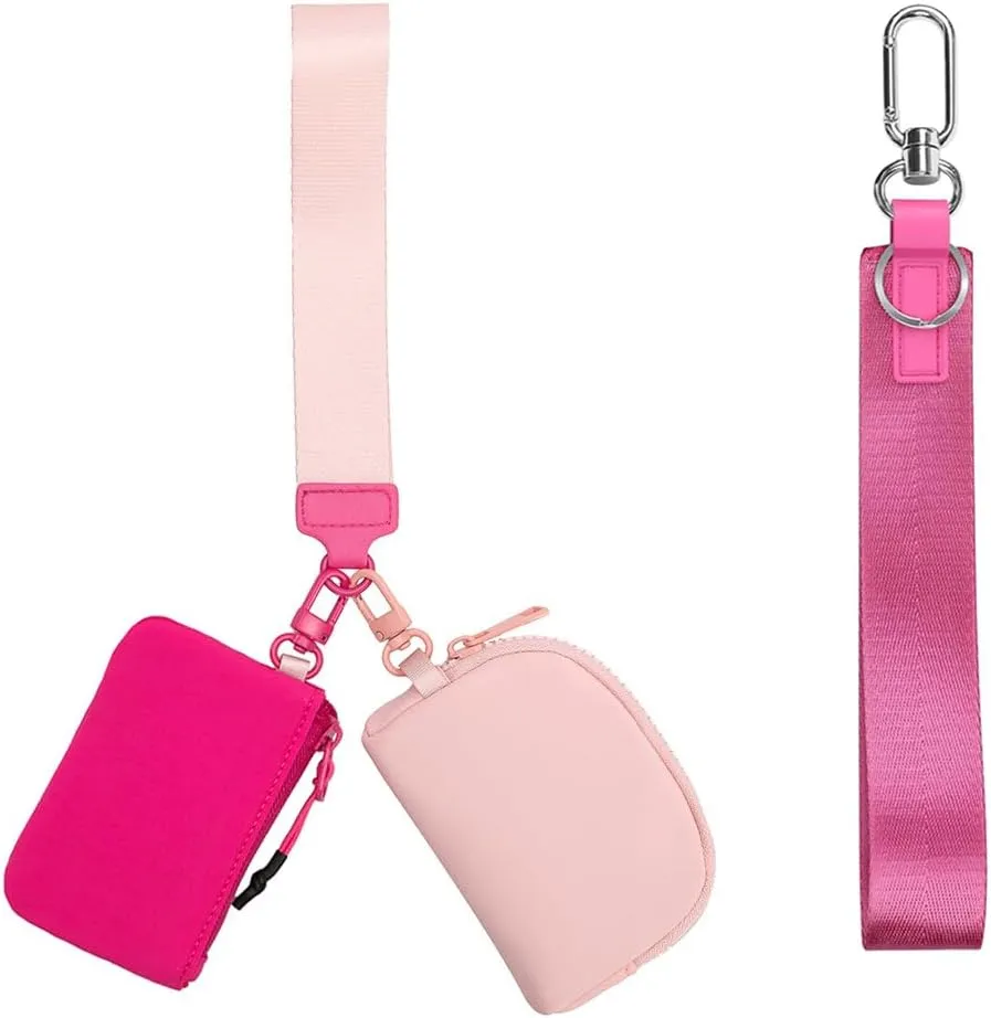 Mini Zip Around Dual Pouch Wristlet Portable Wristlet Wallet Detachable Coin Purse Pouch for Women - 2 detachable Keychain (Rose Red Coral Powder)