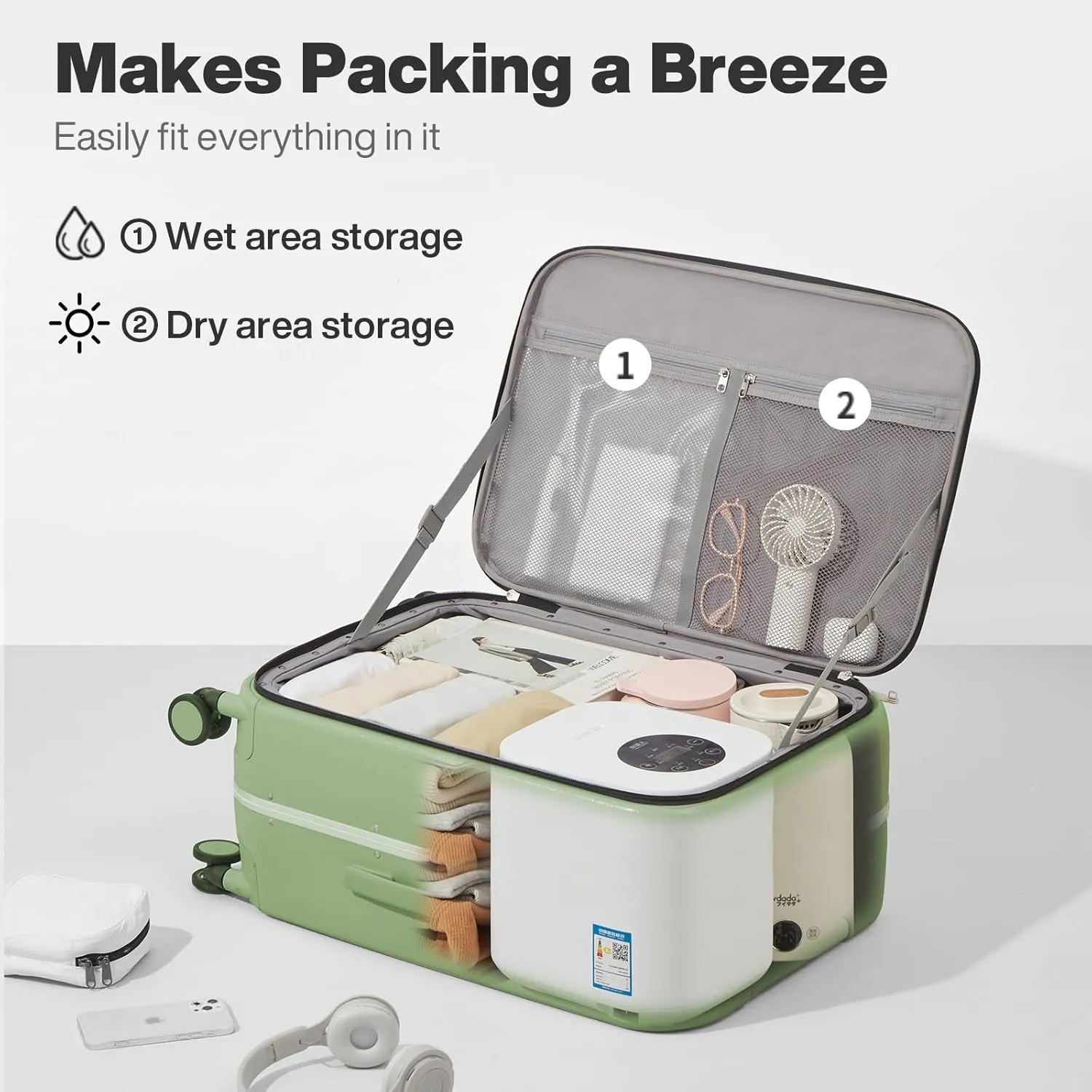 mixi 20 Inch Carry On Luggage 22x14x9 Airline Approved PC Hard Shell Suitcase Top Opening Aluminum Frame Travel Suitcases with Wheels, Avocado Green