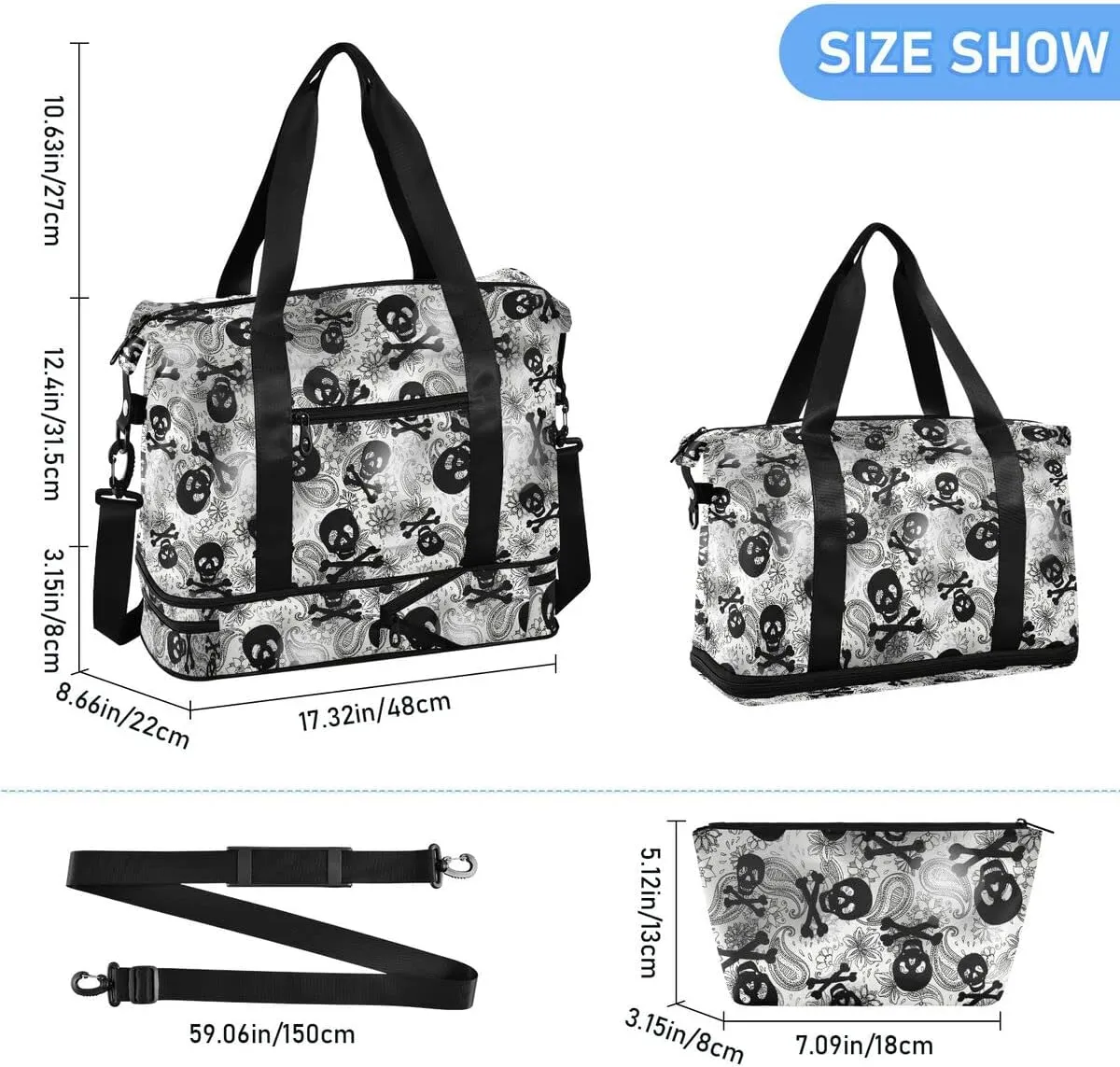 MNSRUU Travel Duffel Tote Bag Skulls Black Grey Paisley Sports Duffel Bag with Wet Pocket Weekender Overnight Bag for Women Men Gym Bag, Carry On Bag Hospital Bag for Labor & Delivery