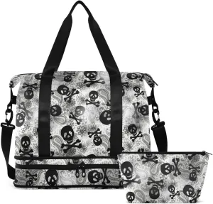MNSRUU Travel Duffel Tote Bag Skulls Black Grey Paisley Sports Duffel Bag with Wet Pocket Weekender Overnight Bag for Women Men Gym Bag, Carry On Bag Hospital Bag for Labor & Delivery