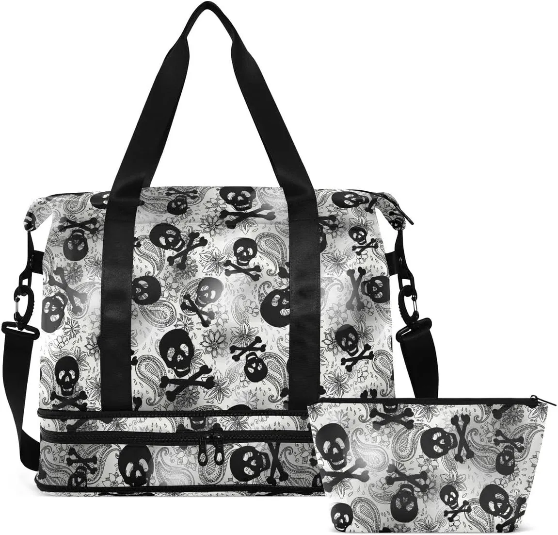 MNSRUU Travel Duffel Tote Bag Skulls Black Grey Paisley Sports Duffel Bag with Wet Pocket Weekender Overnight Bag for Women Men Gym Bag, Carry On Bag Hospital Bag for Labor & Delivery