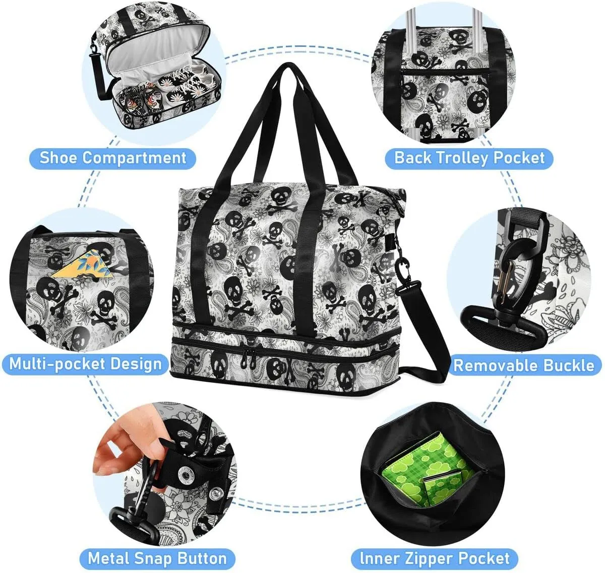 MNSRUU Travel Duffel Tote Bag Skulls Black Grey Paisley Sports Duffel Bag with Wet Pocket Weekender Overnight Bag for Women Men Gym Bag, Carry On Bag Hospital Bag for Labor & Delivery