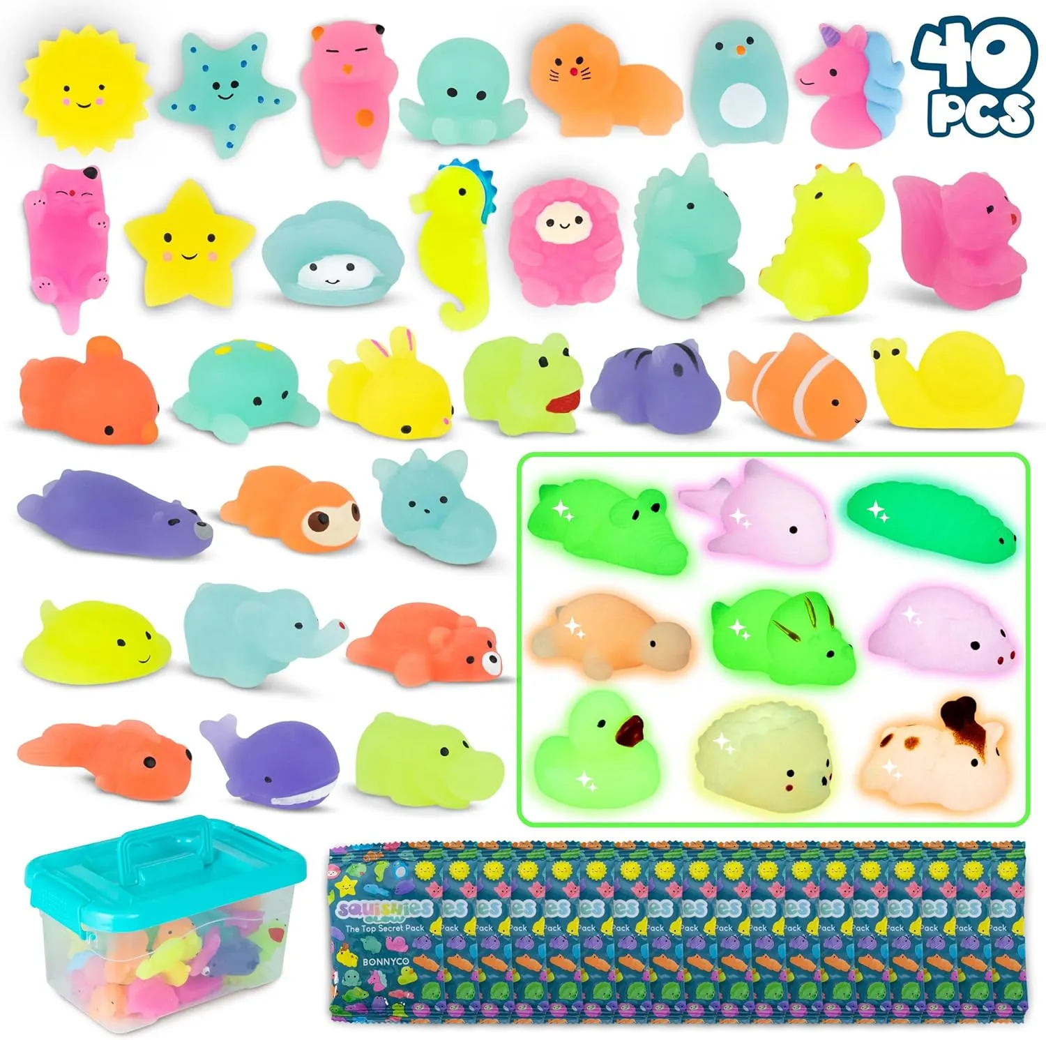 Mochi Squishy Toys Bulk for Kids Party Favors Pack 40 - BONNYCO | Goodie Bags Stuffers for Kids with Glow in the Dark | Return Gifts Birthday Party, Squishy Fidget Toys Pinata Stuffers Birthday Kawaii