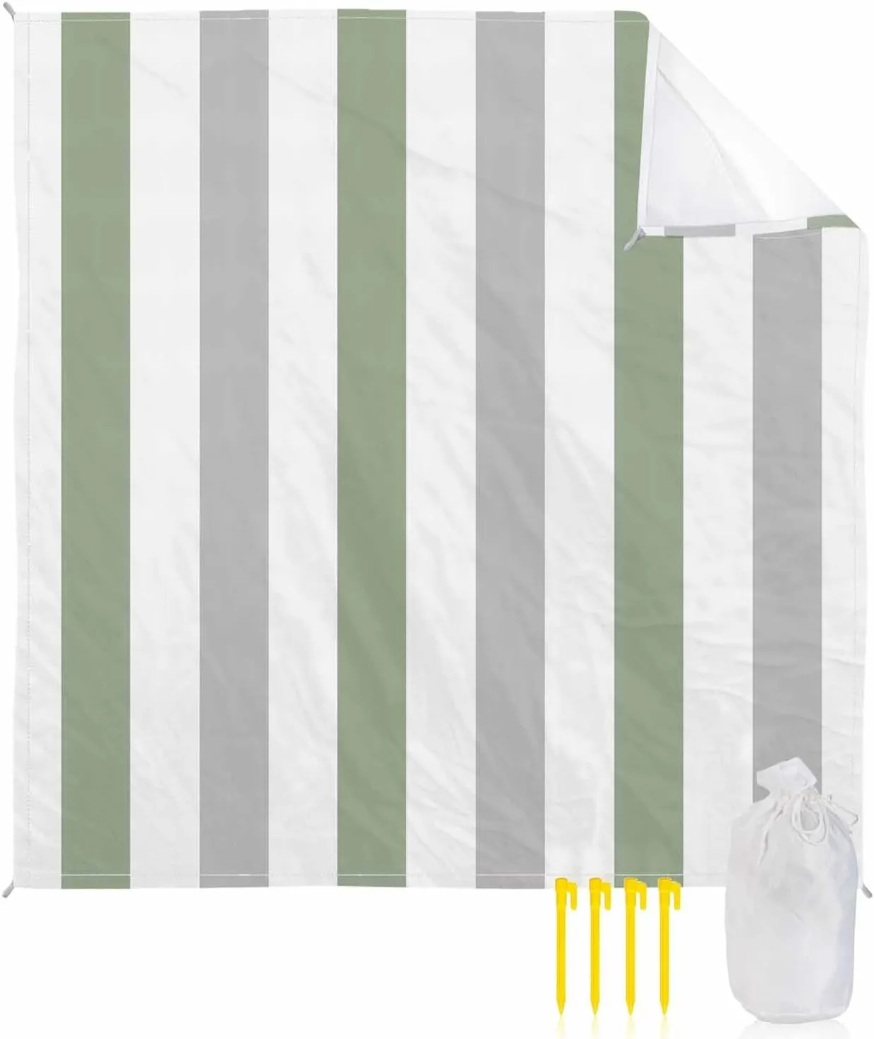 Modern Art Beach Blanket Waterproof Sandproof 118"x108", Gray Sage Green Stripes Oversized Beach Mat with 4 Corner Sand Pocket & 4 Stakes, Compact Outdoor Picnic Mat for Camping Travel Festivals
