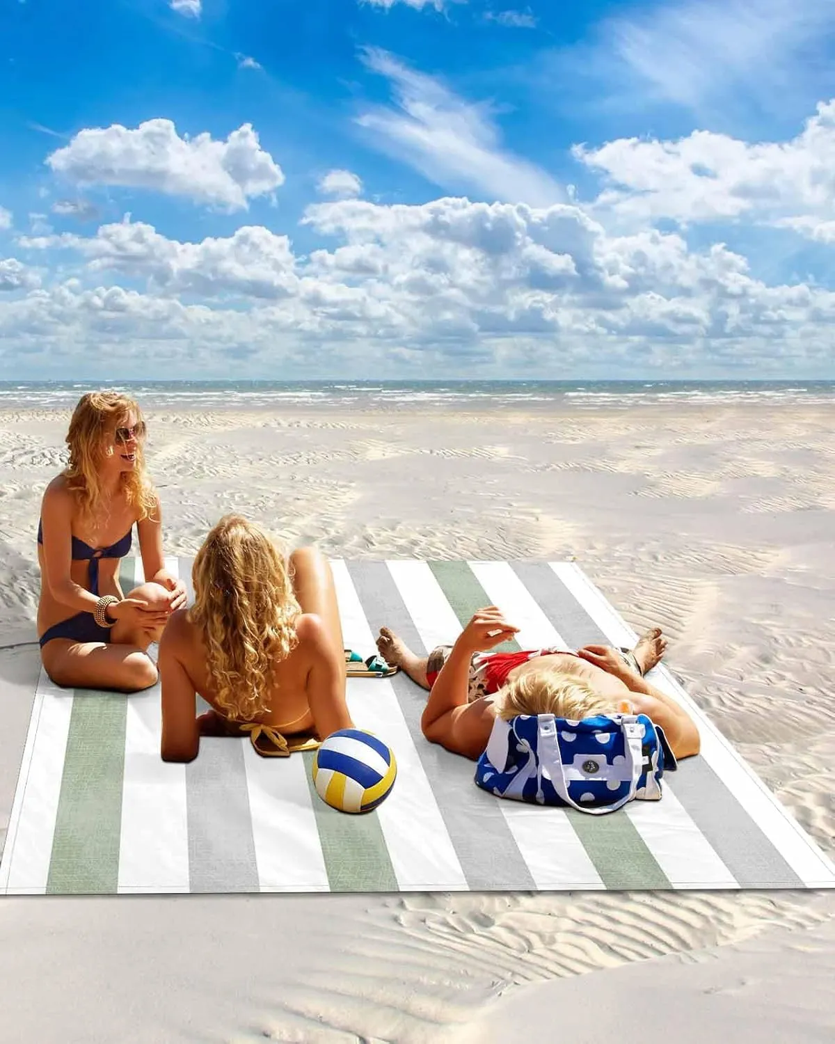 Modern Art Beach Blanket Waterproof Sandproof 118"x108", Gray Sage Green Stripes Oversized Beach Mat with 4 Corner Sand Pocket & 4 Stakes, Compact Outdoor Picnic Mat for Camping Travel Festivals