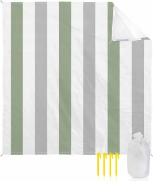 Modern Art Beach Blanket Waterproof Sandproof 118"x108", Gray Sage Green Stripes Oversized Beach Mat with 4 Corner Sand Pocket & 4 Stakes, Compact Outdoor Picnic Mat for Camping Travel Festivals
