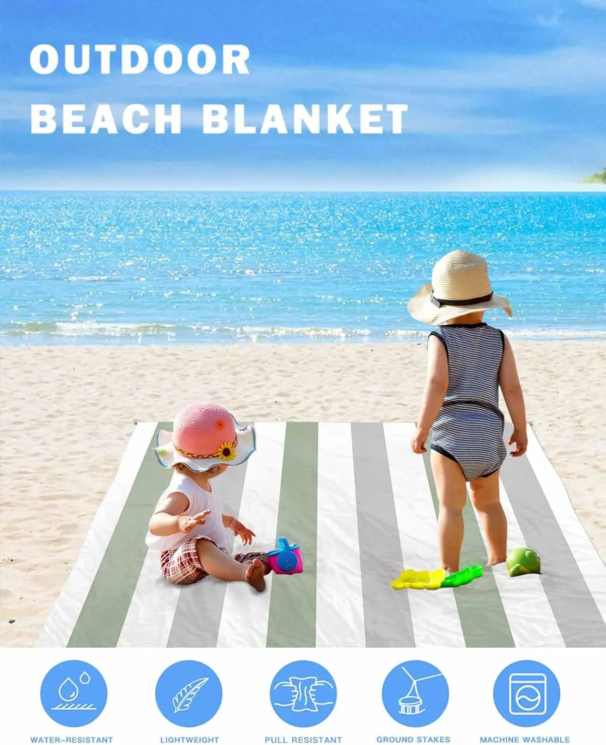 Modern Art Beach Blanket Waterproof Sandproof 118"x108", Gray Sage Green Stripes Oversized Beach Mat with 4 Corner Sand Pocket & 4 Stakes, Compact Outdoor Picnic Mat for Camping Travel Festivals