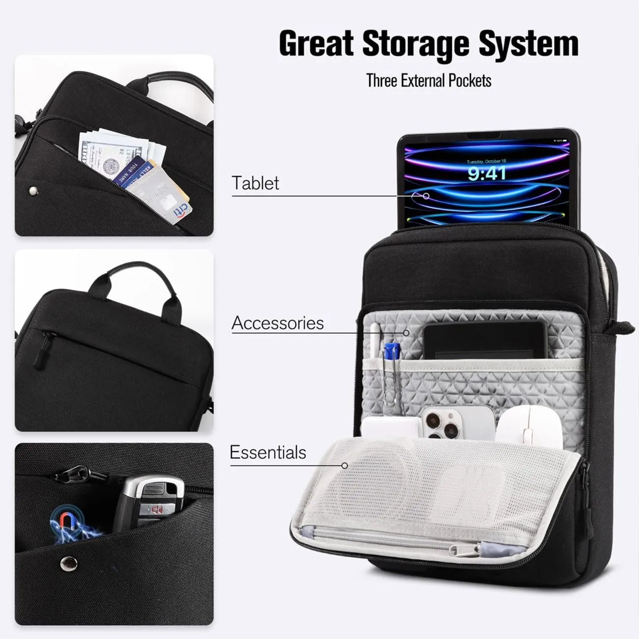 MoKo iPad Sleeve Tablet Bag,12.9 Inch iPad Carrying Case,360° Protective iPad Travel Case with Shoulder Strap,13 Inch New iPad Pro M4 & Air M2 2024,iPad Pro 12.9 M2&M1,Galaxy Tab S9 /S8  12.4,Black