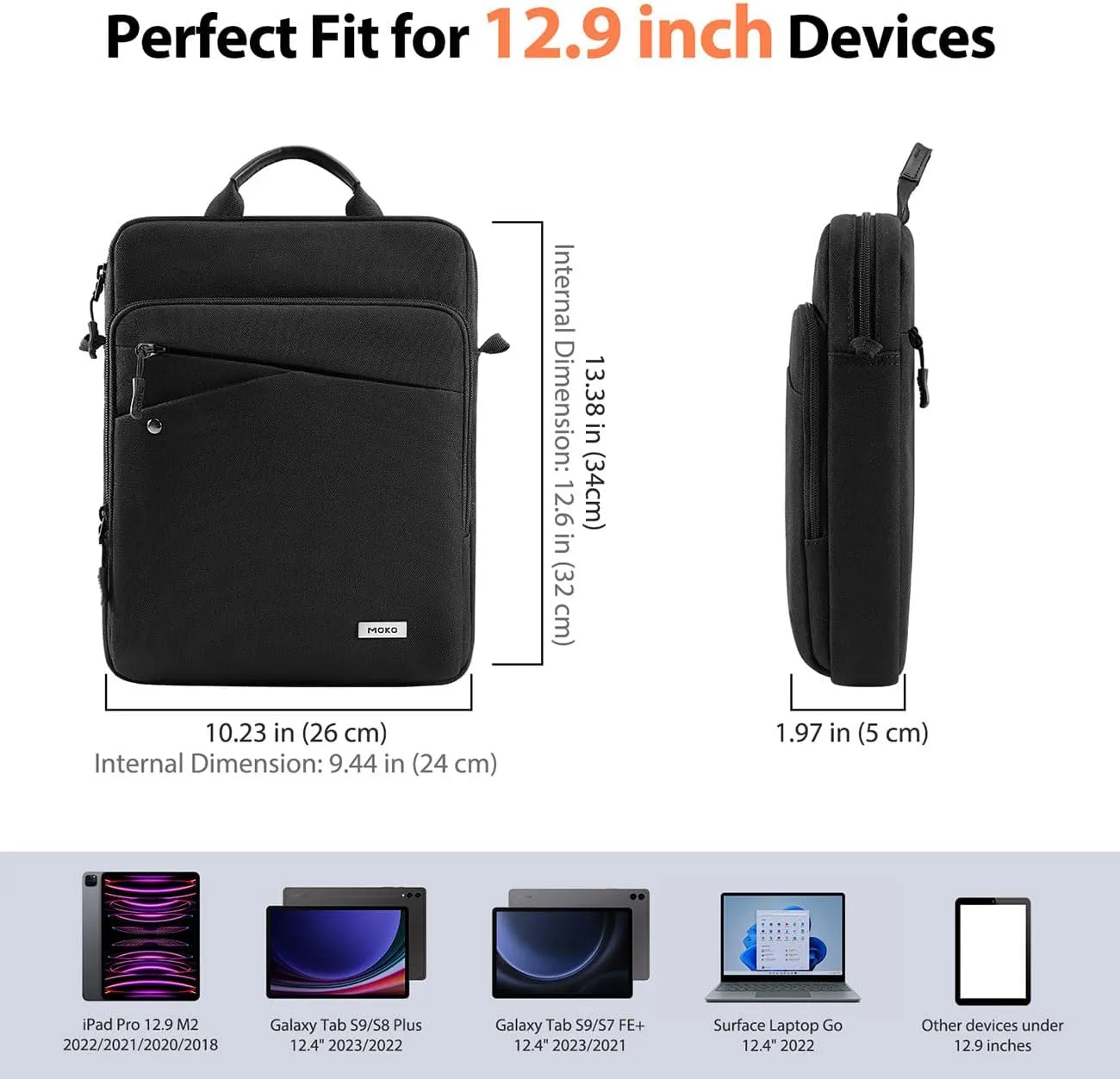 MoKo iPad Sleeve Tablet Bag,12.9 Inch iPad Carrying Case,360° Protective iPad Travel Case with Shoulder Strap,13 Inch New iPad Pro M4 & Air M2 2024,iPad Pro 12.9 M2&M1,Galaxy Tab S9 /S8  12.4,Black